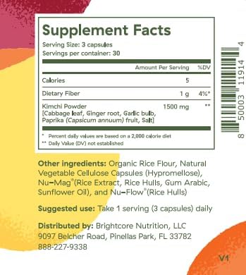 Nutrition - Kimchi One, Kimchi Powder Capsules, Probiotics, Enzymes, & Antioxidant Supplement, Premium Gut Health Superfood for Overall Well Being, Gluten-Free, 90 Vegan Capsules