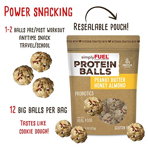 Whole Food Protein Balls with Probiotics - Peanut Butter Honey Almond Snacks - 8g Protein Snack - Gluten Free Energy Balls (1 Pack of 12 Balls)