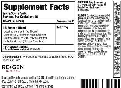 Re+Gen Nutrition Lysine Rescue, Amino Acid 90 Capsules, 45 Day