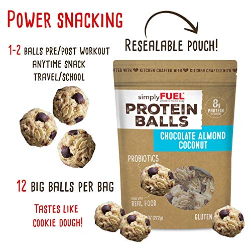 simplyFUEL Whole Food Protein Balls with Probiotics - Chocolate Almond Coconut Snacks - 8g Protein Snack - Gluten Free Energy Balls (1 Pack of 12 Balls)