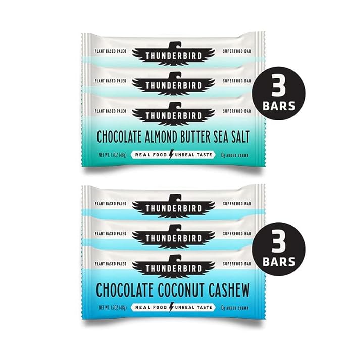 Thunderbird Bars Energy Snack, Gluten-Free with Protein, Healthy Real Food, Vegan Paleo Non-GMO, No Added Sugar, Chocolate Lovers Variety Flavor Pack (6 Count, 3 of Each Flavor, 1.7 oz. Bars)