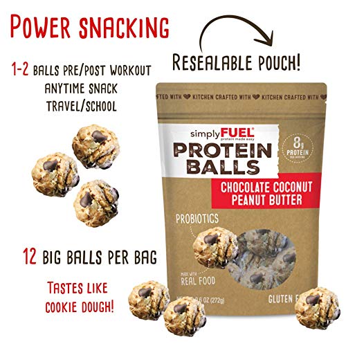 simplyFUEL Whole Food Protein Balls with Probiotics - Chocolate Coconut Peanut Butter Snacks - 8g Protein Snack - Gluten Free Energy Balls (1 Pack of 12 Balls)