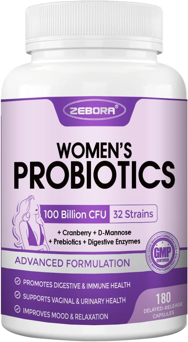 ZEBORA Probiotics for Women Digestive Health with Enzymes & Prebiotics, Vaginal Probiotics with D Mannose & Cranberry, 100 Billion CFUs Probiotic for Gut Health & Urinary Tract Balance, 90 Servings