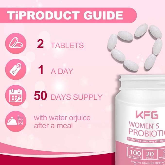 KFG Women's Probiotic, 100 Billion CFUs, 20 Strains, with Organic Prebiotics+Cranberry & D-Mannose, for Boost Immune, Digestive, Gut, Vaginal & Urinary Health, Gluten Dairy & Soy Free, 100 Tablets.
