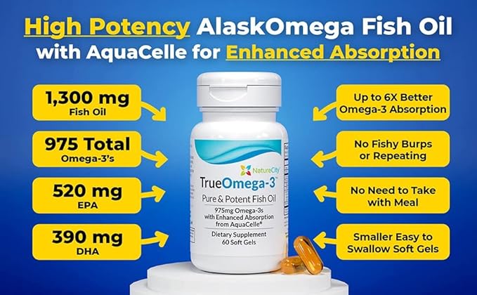 True-Omega-3 975mg Omega-3 Fish Oil Supplements (60 SoftGels)