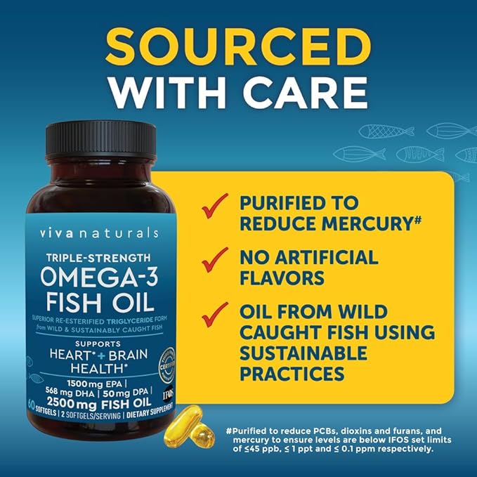 Viva Naturals Triple Strength Omega 3 2500 mg 3 Fatty 60 Pescatarian-Friendly
