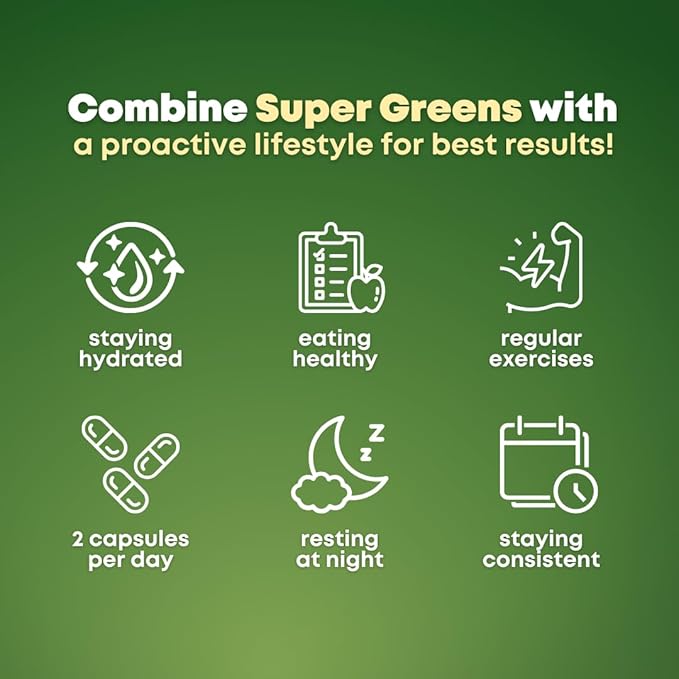 Organic Super Greens Superfood Capsules Supplement - Spirulina, Chlorella, Wheatgrass, Kale Powder, Sulforaphane, Antioxidants - Gut Health, Digestion, Energy, Immunity Support - 120 Vegan Capsules