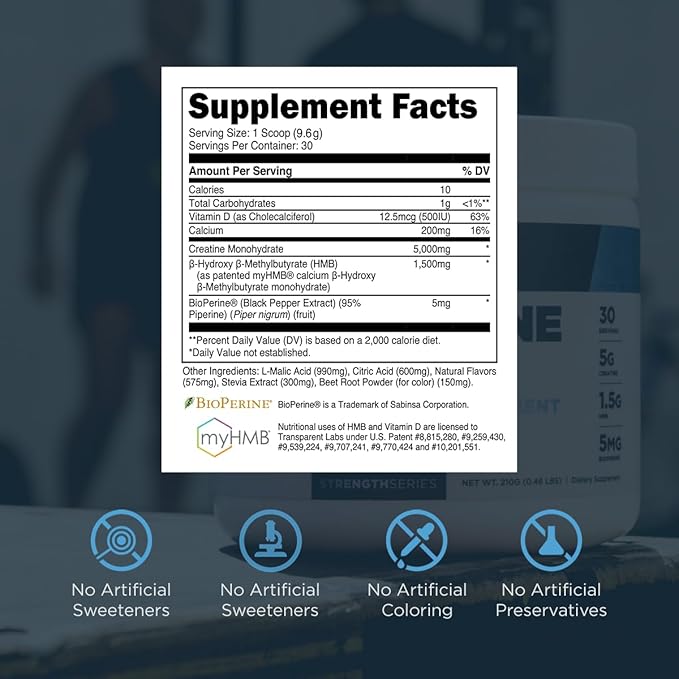 Transparent Labs Creatine HMB - Creatine Monohydrate Powder with HMB for Muscle Growth, Increased Strength, Enhanced Energy Output, and Improved Athletic Performance - 30 Servings, Tropical Punch