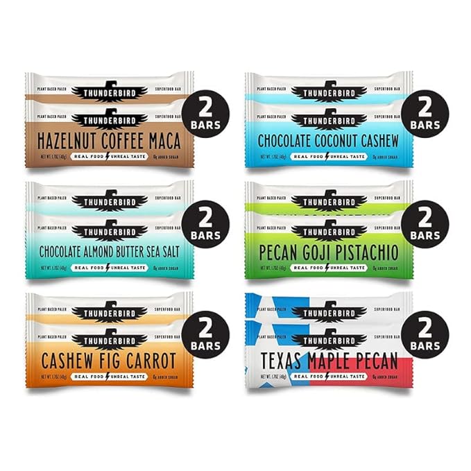 Thunderbird Bars Energy Snack, Gluten-Free with Protein, Healthy Real Food, Vegan Paleo Non-GMO, No Added Sugar, Variety Flavor Pack (12 Count, 2 of Each Flavor, 1.7 oz. Bars)