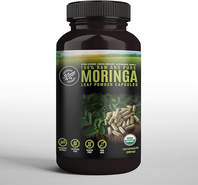 100% Raw and Pure Moringa Leaf Powder Capsules. Organic Certified Moringa Leaf. Natural Superfood with Essential Amino Acids, Antioxidants and Omega 3, 500mg, 120 Capsules.