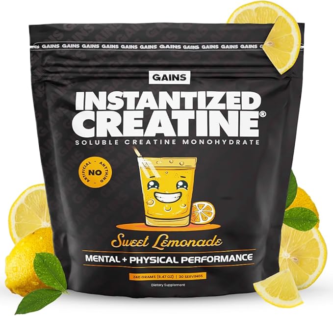 Gains in Bulk Instantized Creatine Monohydrate for Women and Men, Soluble Pre Workout Powder, Supports Muscle Building, Strength and Performance, Bodybuilding Supplements, Sweet Lemonade, 30 Servings