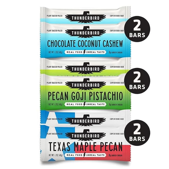 Thunderbird Bars Energy Snack, Gluten-Free with Protein, Healthy Real Food, Vegan Paleo Non-GMO, No Added Sugar, Variety Flavor Pack (6 Count, 2 of Each Flavor, 1.7 oz. Bars)