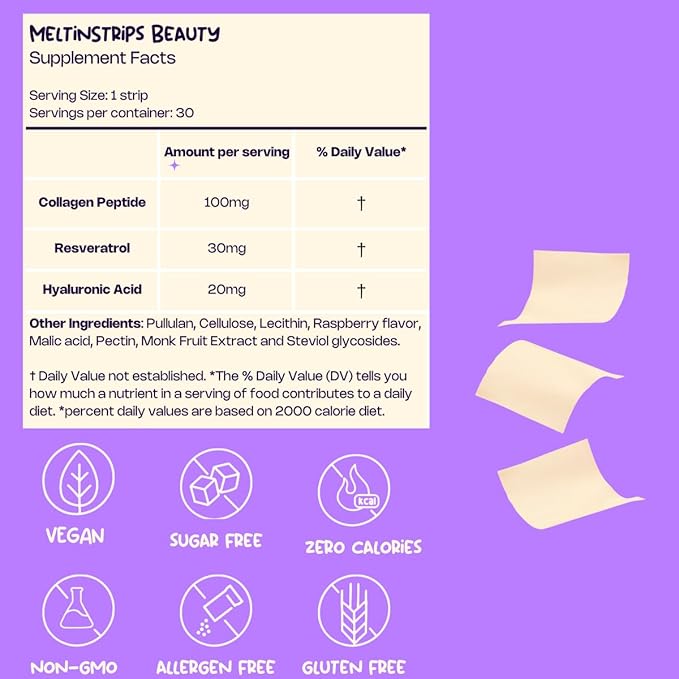 Beauty Oral Strips with Collagen, Hyaluronic Acid, Resveratrol, 3-in-1 Oral Dissolving Strips for Skin Hydration & Health Faster Absorption Sugar Free Vegan Dietary Supplement - 30 Strips