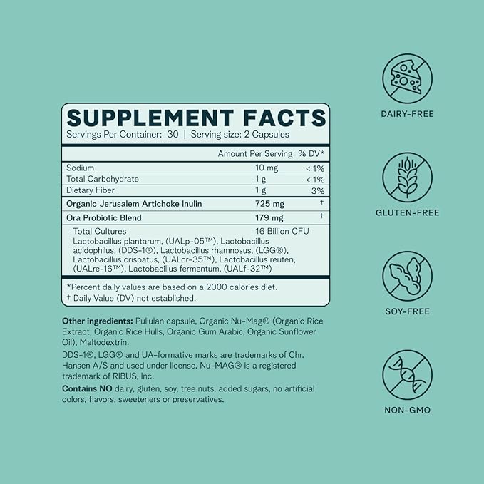 Ora Organic Prebiotics and Probiotics for Women - Lactobacillus for Vaginal and Urinary Tract Health, Contains 16 Billion CFU, 6 Strains - 1 Month Supply, 60 Vegan Probiotic Capsules