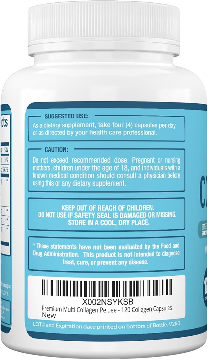 Premium Multi Collagen Peptides (Types I, II, II, V, X) - Collagen Pills for Skin Care, Hair Growth, Nails & Joints - Vitamin C, Hyaluronic Acid, Biotin, Gluten Free - 120 Collagen Capsules