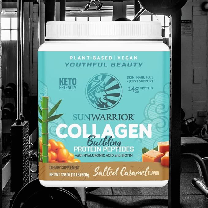 Sunwarrior Vegan Collagen Building Peptides Plant-Based Protein Powder with Hyaluronic Acid & Biotin for Hair Skin Nail Support Non-GMO Dairy Sugar Free Low Carb | Salted Caramel 20 Servings
