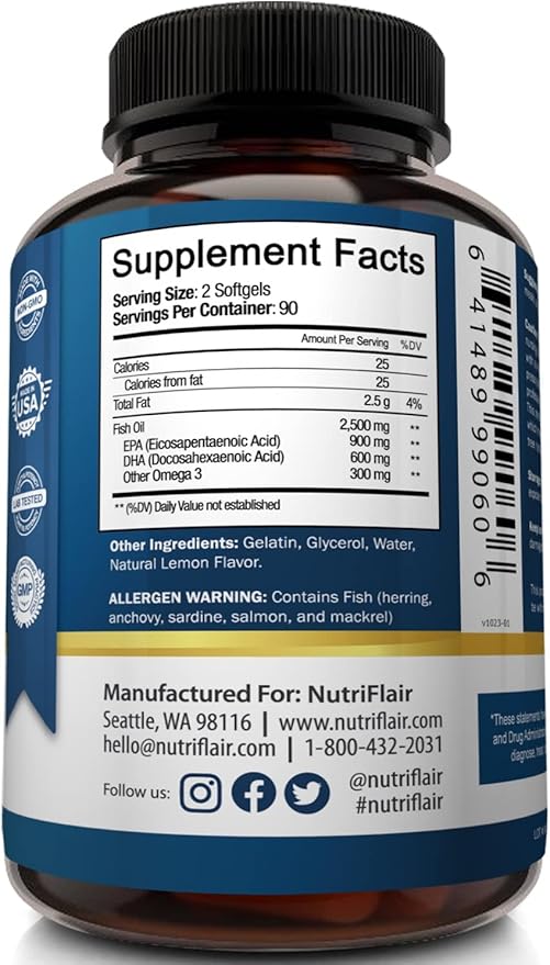 NutriFlair Omega-3 Fish Oil Supplement 2500mg - 900mg EPA 600mg DHA 90 Servings -180 Lemon