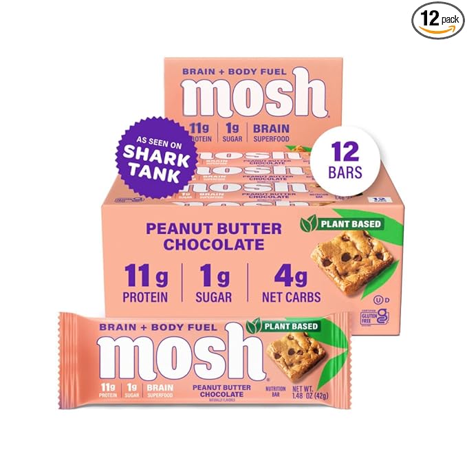 MOSH Peanut Butter Chocolate Plant Based Keto Protein Bars, High Protein, Gluten Free, Brain Healthy Snack with Ashwagandha, and Lion's Mane, 12 Count