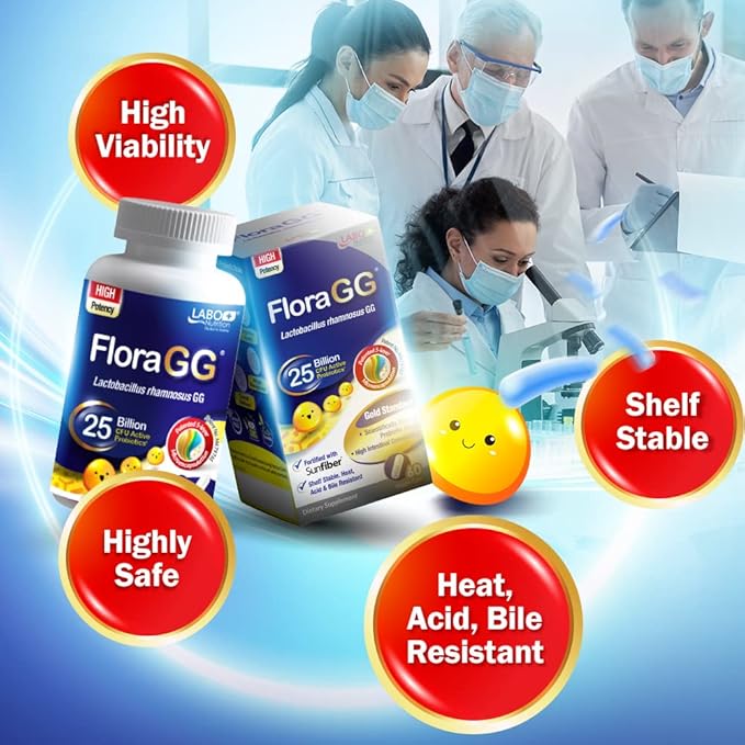 LABO Nutrition FloraGG, Lactobacillus Rhamnosus GG 25 Billion CFU Active Probiotics & Sunfiber Prebiotic Fiber Supplement, Support Healthy Intestinal, Immune Health| Delayed Release & Gluten Free 60s