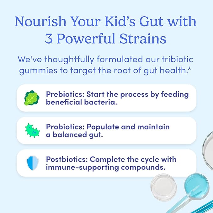 FIRST DAY Kids’ Belly-Biotic Tribiotic Gummies – 3-in-1 Prebiotic, Probiotic & Postbiotic Supplement – Supports Gut Health, Immune Function, Nutrient Absorption & Growth – 30-Day Supply