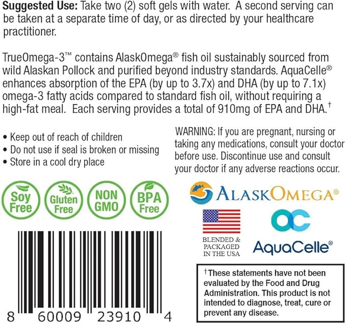 True-Omega-3 975mg Omega-3 Fish Oil Supplements (60 SoftGels)