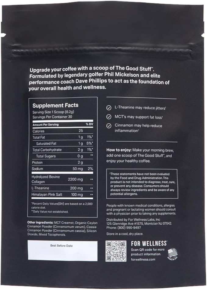 For Wellness The Good Stuff Performance Coffee Supplement- Non-Dairy Coffee Creamer Powder w/Collagen, MCT, L-Theanine & Cinnamon - Healthy Coffee Add-in for Energy & Focus