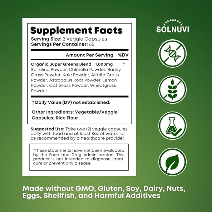 Organic Super Greens Superfood Capsules Supplement - Spirulina, Chlorella, Wheatgrass, Kale Powder, Sulforaphane, Antioxidants - Gut Health, Digestion, Energy, Immunity Support - 120 Vegan Capsules