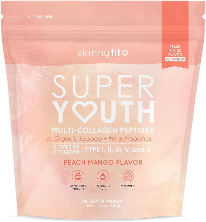 SkinnyFit Super Youth Peach Mango Multi-Collagen Peptides + Probiotics, Baobab Fiber, Apple Cider Vinegar, Hyaluronic Acid, & Vitamin C, Skin, Hair, Joint & Metabolism Support, 30 Servings