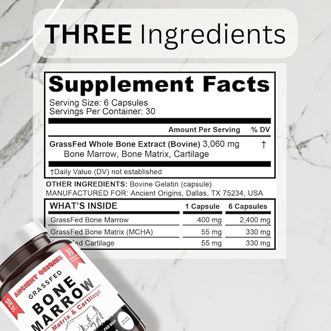 Ancient Origins Grass Fed Bone Marrow Supplement, 3060mg, Skin, Oral Health, and Joint Support Supplement, Promotes Whole-Body Wellness, Non GMO Whole Bone Extract, 180 Capsules