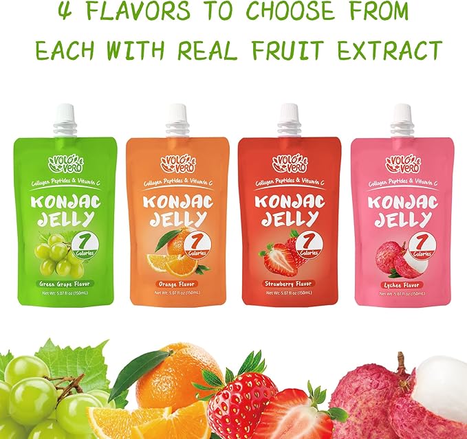 Konjac Jelly Pouch with Collagen Peptides, Low Calories (7 Kcal), Green Grape Flavor, 10 Packs, Gluten Free, Zero Sugar, Keto, Drinkable Vitamin C Sweet Healthy Fruit Snacks Gifts