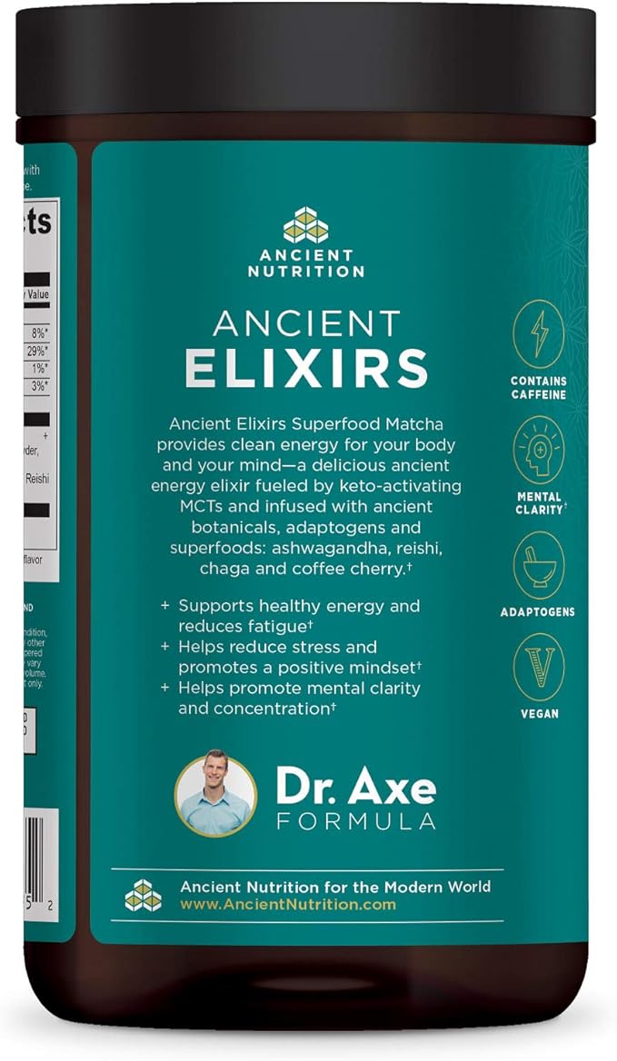 Matcha Green Tea Powder with Ashwagandha by Ancient Nutrition, Ancient Elixirs Superfood Matcha Energy Powder, with MCTs, Promotes Healthy Energy Levels, Paleo and Keto Friendly, 20 Servings