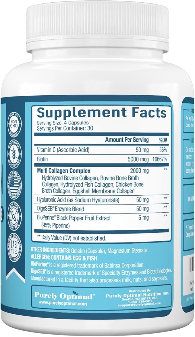 Premium Multi Collagen Peptides (Types I, II, II, V, X) - Collagen Pills for Skin Care, Hair Growth, Nails & Joints - Vitamin C, Hyaluronic Acid, Biotin, Gluten Free - 120 Collagen Capsules