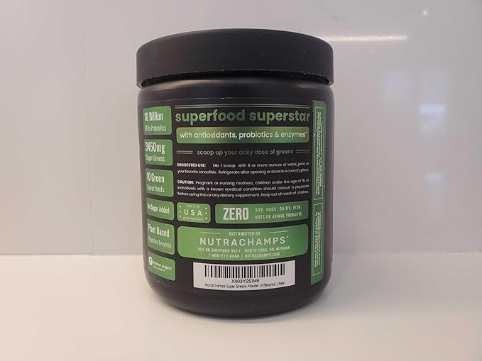 NutraChamps Super Greens Powder Premium Superfood | 20+ Organic Green Veggie Whole Foods | Wheat Grass, Spirulina, Chlorella | Antioxidant, Digestive Enzyme & Probiotic Blends (9.0 Oz, Unflavored)
