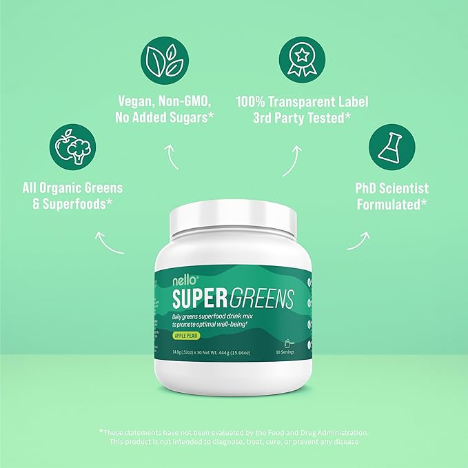 Nello Supergreens - Premium Superfood Greens Drink Mix with Chlorella, Moringa, Spinach, & Broccoli + Digestive Enzymes - Nutrient-Packed Greens Powder Superfood for Wellness(30 SRV)