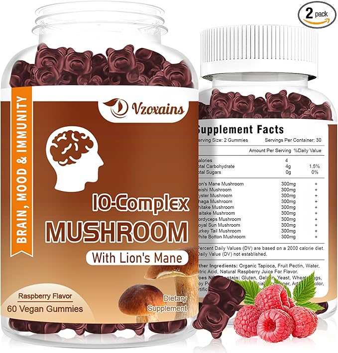 2 Pack Mushroom Gummies Supplement, 10 60ct