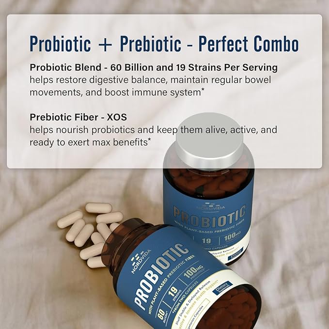 Probiotic 60 Billion 19 Strains with Organic Prebiotic for Men & Women, Digestive & Immune Health, Shelf Stable Delayed Release, Non-GMO No Dairy, 60 Vegan Caps