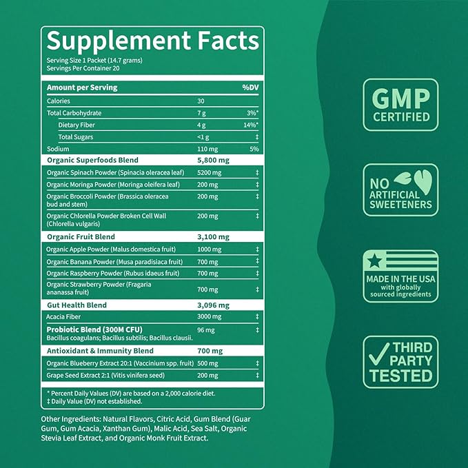 Nello Supergreens Premium Superfood Greens Drink Mix w/Chlorella, Moringa, Spinach & Broccoli + Digestive Enzymes & Probiotic Blend -Nutrient-Packed Powder Wellness (Orange 20 SRV, Travel Pack)