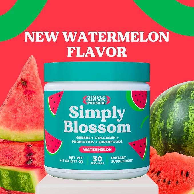 Simply Blossom Nutrition Daily Greens & Superfood Powder + Collagen + Probiotics for Women's Digestive Health & Bloating Relief. Help Your Health Bloom - 30 Day Supply - Watermelon