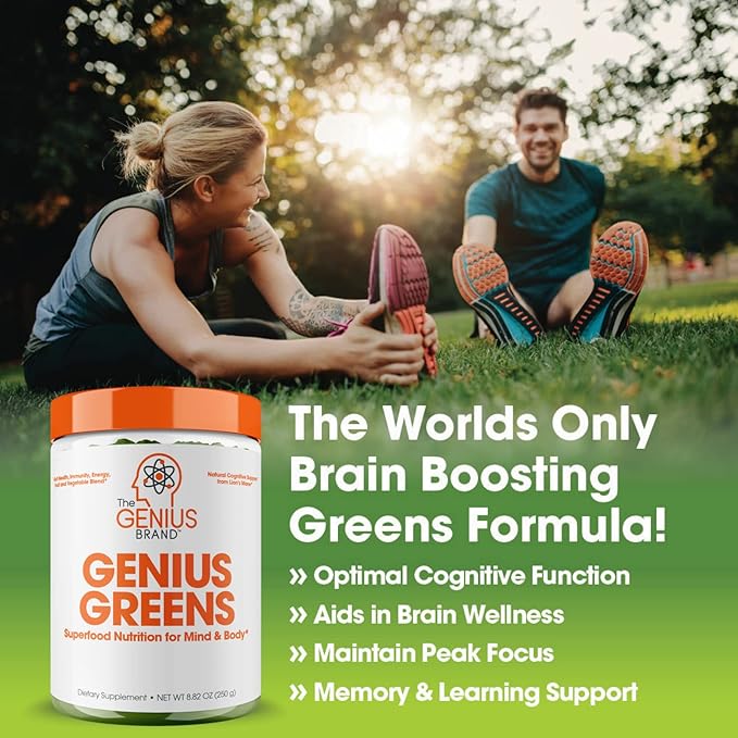 The Genius Brand - Super Greens Superfood Powder, Nootropic Supplement - Organic Spirulina Powder with Lion's Mane, Kale, Spinach & Antioxidants - Juice & Smoothie Mix for Energy, Immunity & Health