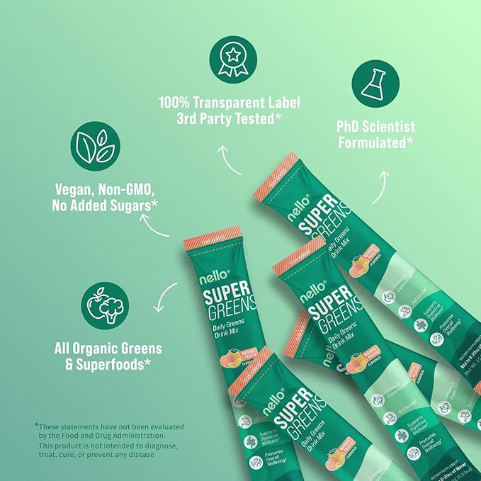 Nello Supergreens Premium Superfood Greens Drink Mix w/Chlorella, Moringa, Spinach & Broccoli + Digestive Enzymes & Probiotic Blend -Nutrient-Packed Powder Wellness (Mango Peach, 20 SRV, Travel Pack)