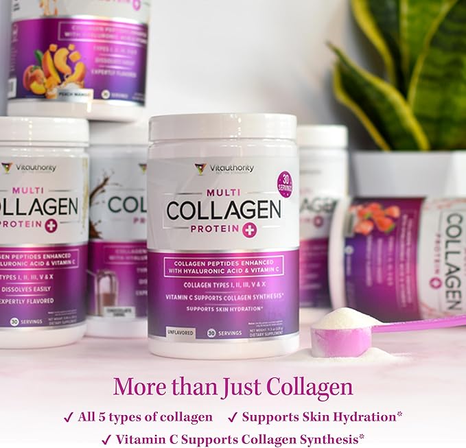 Multi Collagen Peptides Powder for Women and Men - Instant Dissolving Grass Fed Hydrolyzed Collagen Powder Drink Mix for Beautiful Hair Skin and Nails with Hyaluronic Acid and Vitamin C