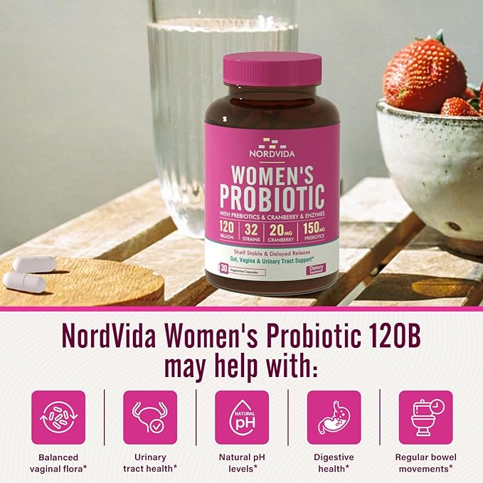 Women's Probiotic, 120 Billion & 32 Strains with Cranberry, Prebiotics & Digestive Enzymes, Gut, Vaginal & Urinary Tract Support, 30 Delayed Release Capsules