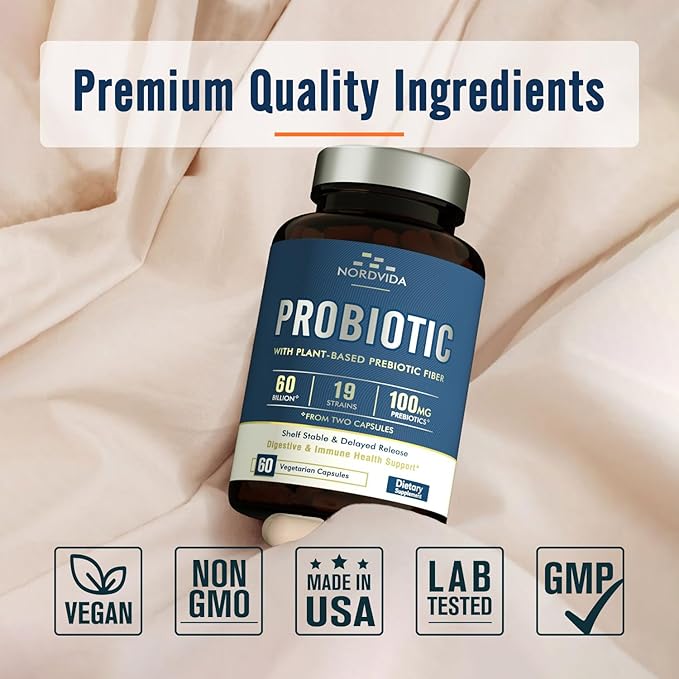 Probiotic 60 Billion 19 Strains with Organic Prebiotic for Men & Women, Digestive & Immune Health, Shelf Stable Delayed Release, Non-GMO No Dairy, 60 Vegan Caps