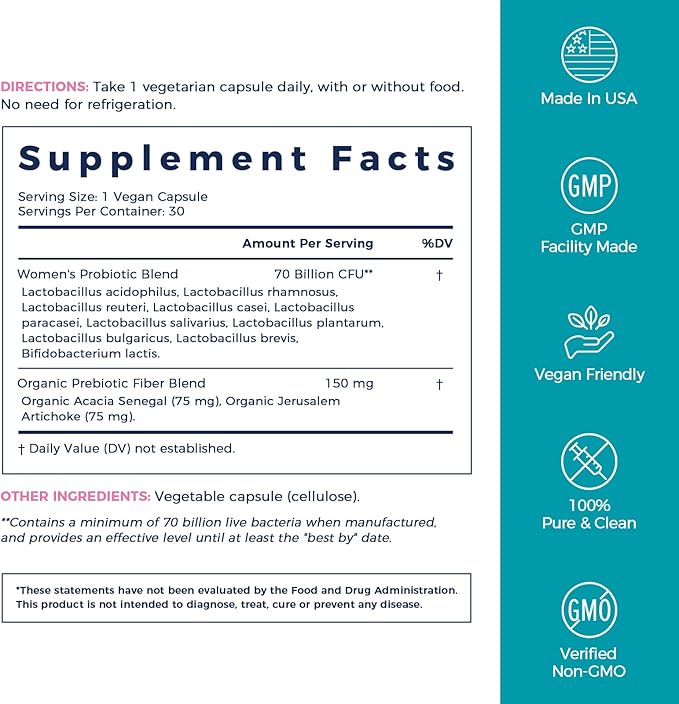 NewRhythm Women's Probiotics, Organic Prebiotics, 70 Billion CFU 10 Strains, Vaginal Probiotics for Urinary & Digestive Health, 30 Vegan Capsules, No Bloating