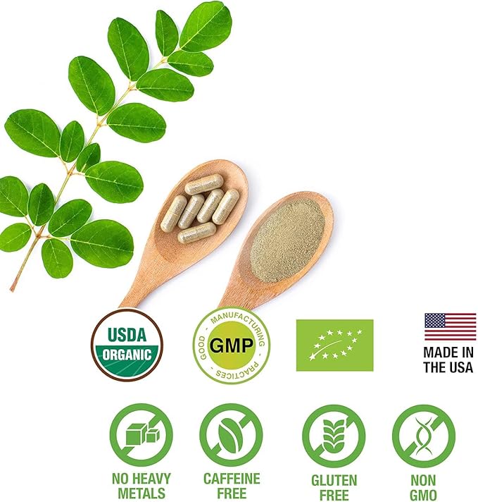 100% Raw and Pure Moringa Leaf Powder Capsules. Organic Certified Moringa Leaf. Natural Superfood with Essential Amino Acids, Antioxidants and Omega 3, 500mg, 120 Capsules.