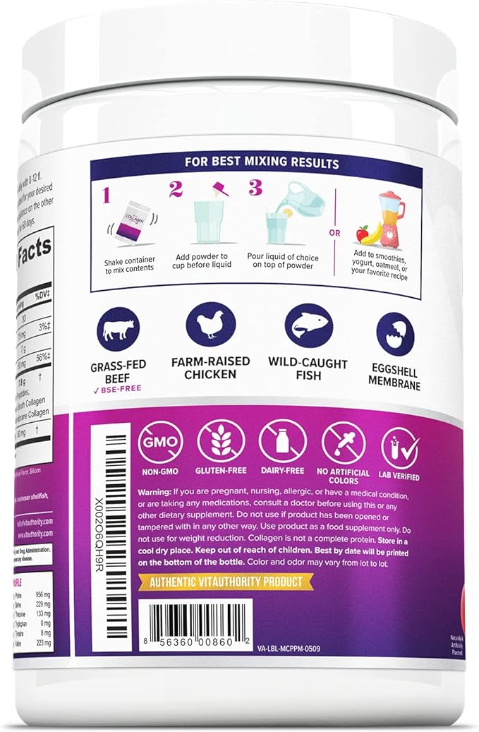 Multi Collagen Peptides Powder for Women and Men - Instant Dissolving Grass Fed Hydrolyzed Collagen Powder Drink Mix for Beautiful Hair Skin and Nails with Hyaluronic Acid and Vitamin C
