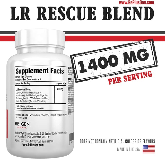 Re+Gen Nutrition Lysine Rescue, Amino Acid 90 Capsules, 45 Day
