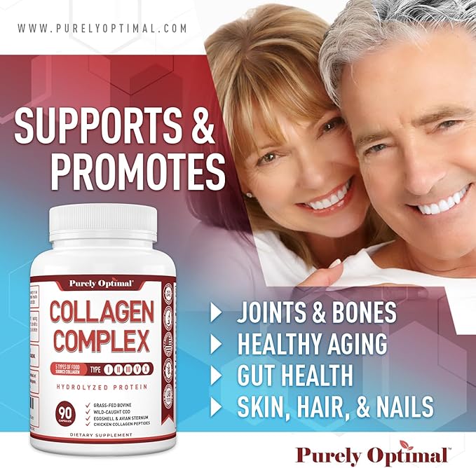 Purely Optimal Premium Multi Collagen Peptides Capsules (Types I, II, III, V, X) - Hair, Skin and Nails, Digestive & Joint Health Supplement, Hydrolyzed Collagen Pills (90 Capsules)