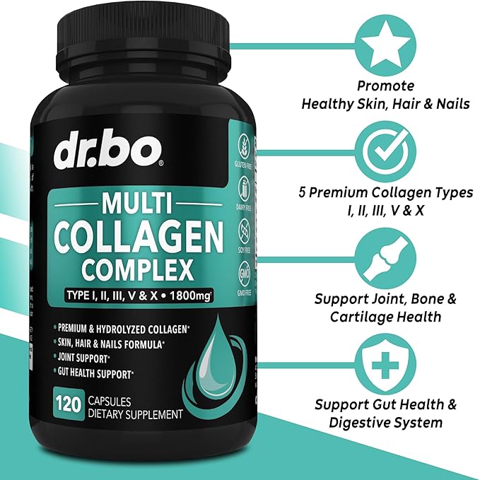 Multi Collagen Peptides for Women & Men - Type I, II, III, V, & X Multi Collagen for Women & Men Complex Capsules, Hydrolyzed Peptides Pills Supplements for Skin, Hair & Nails - 120 Protein Capsules
