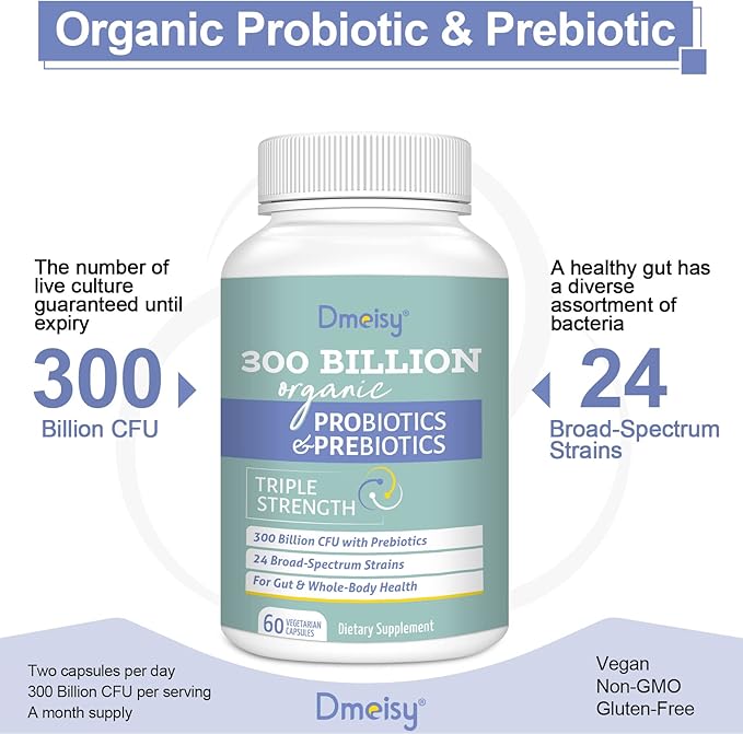 Probiotics for Women and Men, 300 Billion CFU 24 Strains Probiotics + 15 Organic Herbs Prebiotics Blend, Shelf Stable Gut Health Supplement for Digestive Immune & Whole-Body Health, 8 Month Supply